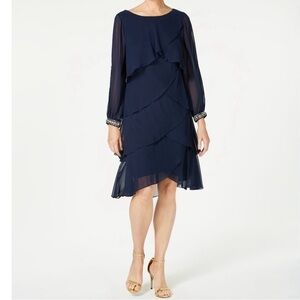 SLNY Womens Navy Long Sleeve Knee Length Layered Evening size 10